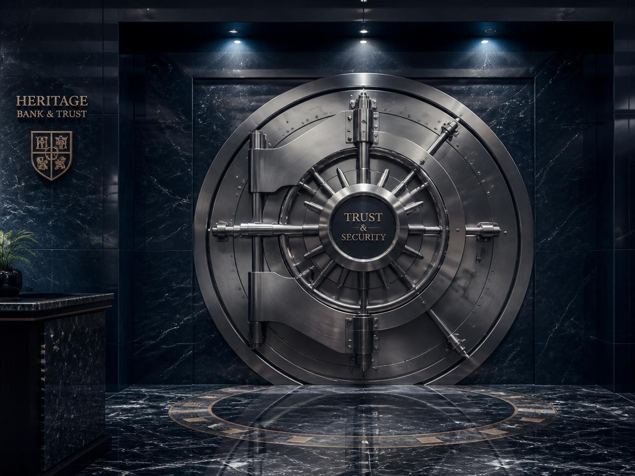 Reinforced reserve vault door in a marble banking hall
